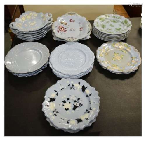 Large selection of Victorian Ironstone-type ceramics with pale blue glaze, to include; pair of