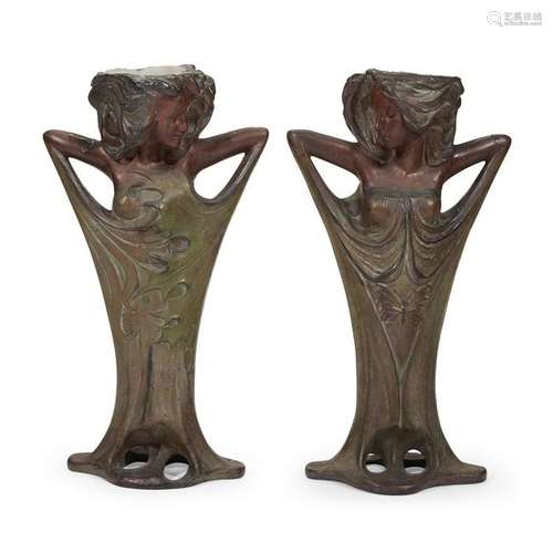 European Art Nouveau, Pair of Candlesticks in Female