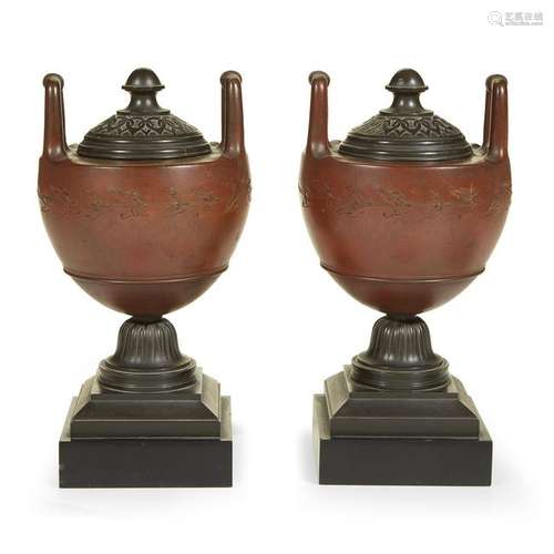 French School, A Pair of Garniture Covered Urns, circa