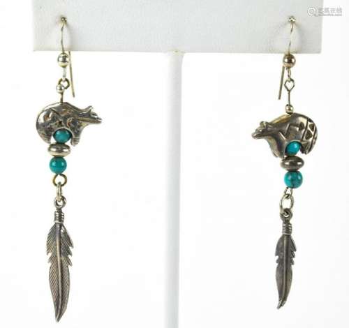 Pair Native American Sterling & Turquoise Earrings