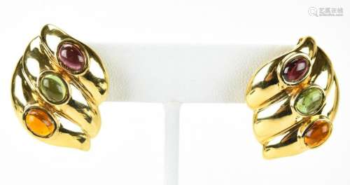 Pair 14k Gold Garnet Citrine & Tourmaline Earrings