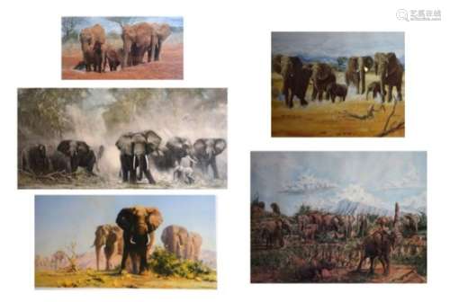 Five assorted prints of elephants to include; David Shepherd 'The Ivory Is Theirs' and another,
