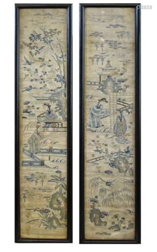 Pair of Chinese embroidered silk sleeve panels depicting figures on terraces, 49.5cm high, framed