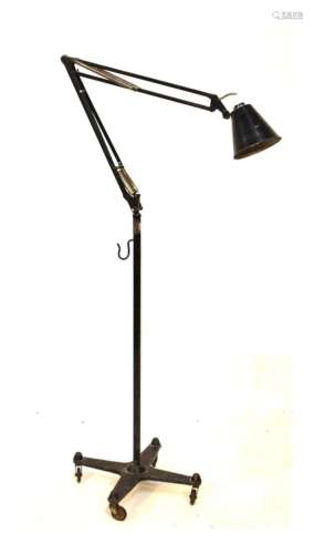 Modern Design - Black-painted iron floor standing adjustable Anglepoise-type lamp on tubular stem