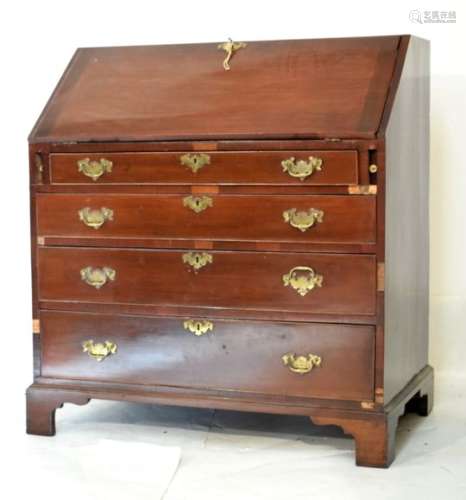 19th Century mahogany bureau fitted four long drawers on bracket feet, 93.5cm wide