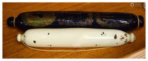 19th Century 'Bristol' blue glass rolling pin printed with a verse 'Forget-me-not', 38.5cm wide,