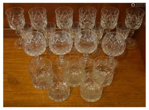 Part suite of cut glass or lead crystal glasses to include; wines, brandy and whisky (20)