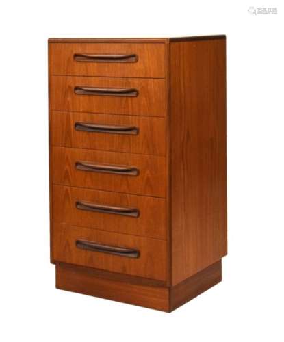 Modern Design - G-Plan teak narrow chest of six drawers, 56cm x 44cm x 103cm high
