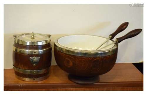 Early 20th Century coopered oak biscuit barrel with plated mounts, together with a similar salad