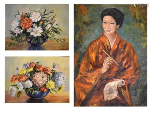 20th Century oil on board - Portrait of a Japanese female scribe, signed with initials AMB lower