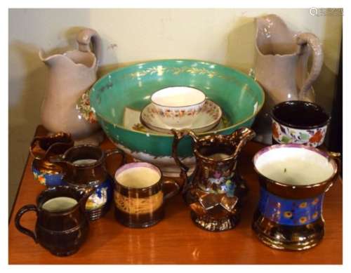 Assorted ceramics to include; Victorian copper lustre pottery, early 19th Century tea bowl and two