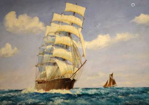Fray (modern) - Oil on board - Tall-masted sailing ship on rough seas, signed lower left, 49.5cm x