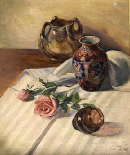 Harald Sandberg (1912-1983) - Oil on canvas - Still-life with Japanese Imari vase, roses etc, signed