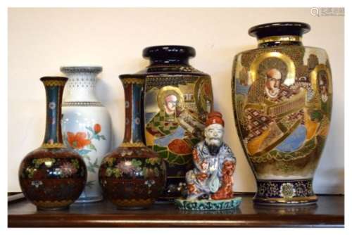 Group of Japanese items to include; pair of cloisonné vases, 17.5cm high, porcelain figure of a