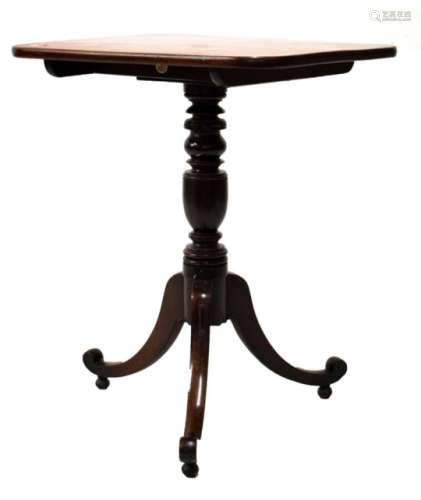 Early 19th Century fruitwood tripod occasional table with rounded oblong top on caster-turned stem