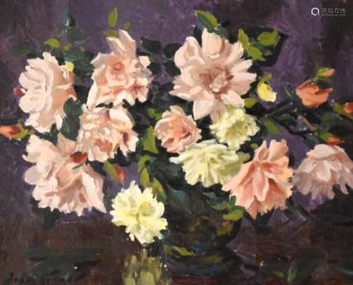 John Codner - Oil on canvas - Still-life with vase of pink roses, signed lower left, 39cm x 49.
