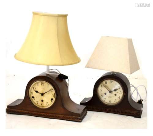 Two early 20th Century oak mantel clocks converted to table lamps