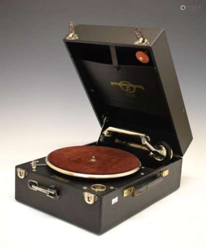 Columbia 109A portable gramophone in black case with retailer mark for Wallis Harris Ltd of
