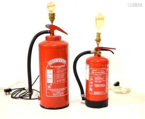 Two repurposed fire extinguisher floor/table lamps