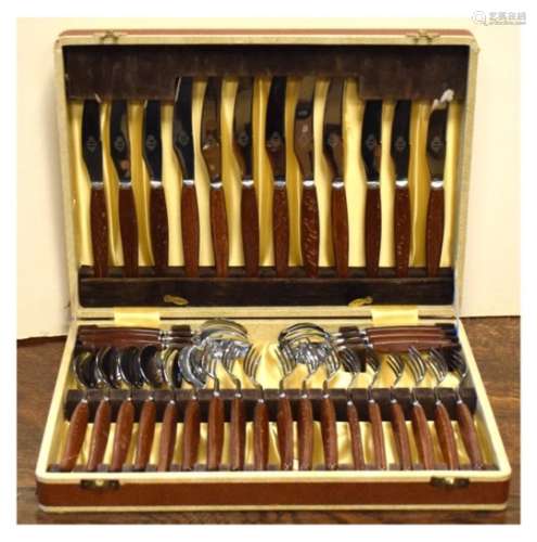 1960's period stained beech and chrome canteen of cutlery