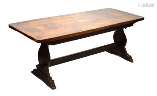 Good quality oak refectory style dining table raised on trestle supports united by a stretcher,
