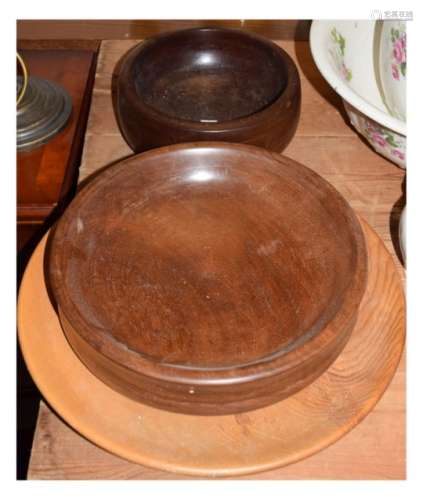 Three turned wooden bowls, the largest 38.5cm diameter