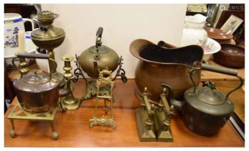 Quantity of brass and copper ware including oil lamp, spirit kettle, coal bucket, warming pan etc