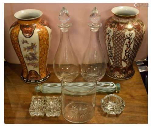 Nailsea type glass rolling pin, pair of glass decanters, pair of Oriental ceramic vases etc