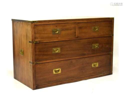 19th/20th Century mahogany and brass bound military chest fitted two short and two long drawers with
