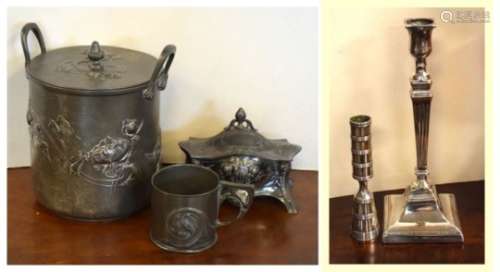 Tudric pewter cup stamped 0358, pewter ice-bucket, Danish classical design candlestick, and an