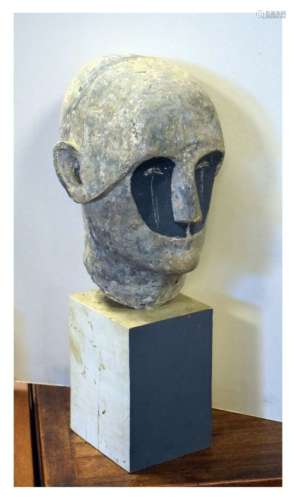 In the manner of Elizabeth Frink - Brutalist composite stone bust on painted wooden pedestal, 24cm