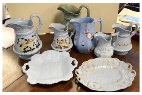 Ridgeway China - Collection of moulded transfer printed jugs, and two relief moulded dishes