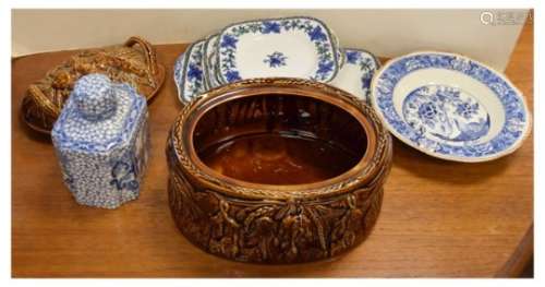 Portmeirion treacle glaze game dish and cover, an Adams Willow pattern and cracked ice transfer
