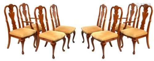 Set of eight Queen Anne style walnut finish dining chairs, raised of cabriole supports