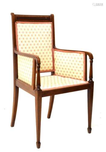 Late 19th/early 20th Century mahogany and crossbanded inlaid armchair raised on square tapered