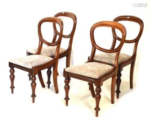 Set of four Victorian walnut balloon back dining chairs having drop-in seats