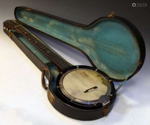 Six string banjo stamped Savana, cased
