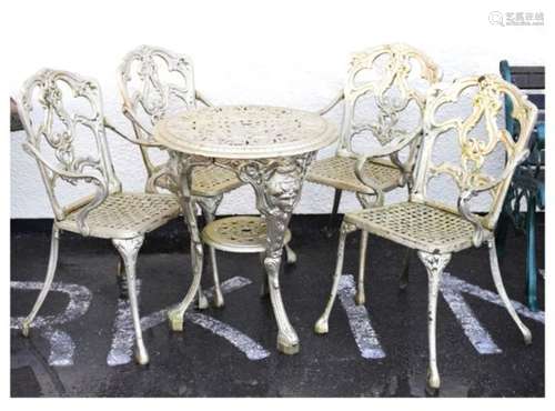 Cast iron gold painted five piece patio set comprising: Britannia table and four chairs