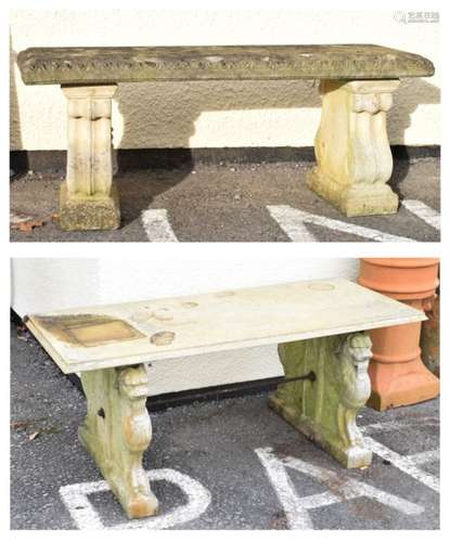 Composite stone bench, 115cm wide and a similar larger bench/table on monopodia supports, 125cm wide