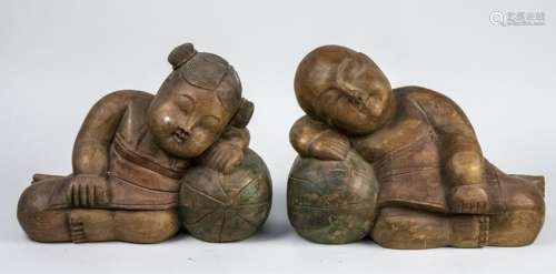 Pair of Carved Wood Children Figures