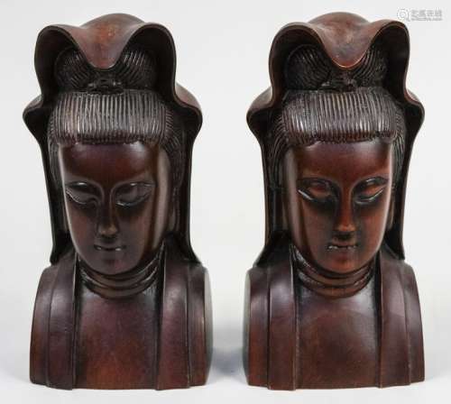 Pair of Chinese Carved Wood Busts of Quanyin