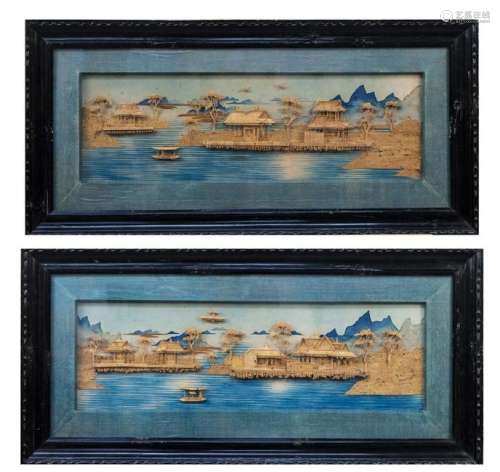 Pair of Chinese Carved Cork Landscapes