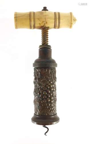 19th century Thomason type corkscrew with leaf and berry design barrel and turned bone handle,