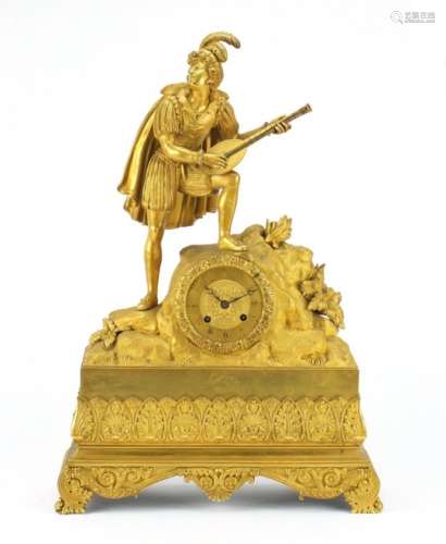 French Empire ormolu figural mantel clock striking on a bell by Alexandre Roussel, mounted with a