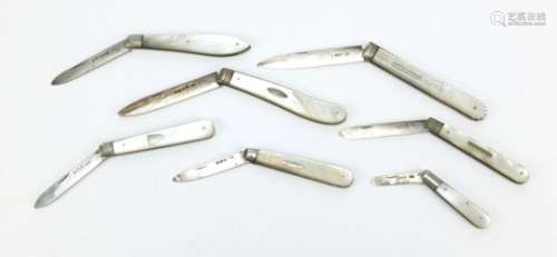 Seven Georgian and later mother of pearl flanked silver bladed folding fruit knives, various