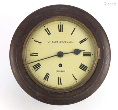 Jas Shoolbred & Co 8 inch oak cased wall clock with fusee movement, the dial with Roman numerals and