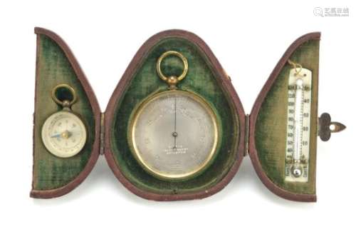 Brass cased pocket barometer by Dixeys, with fitted case and unassociated compass, 9.5cm high :