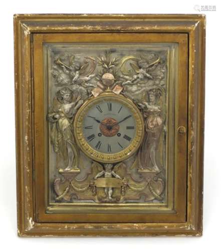 Rare Victorian Elkington and Co clock, cast in relief with maidens and cherubs blowing horns, housed