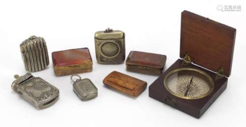 Objects including travel sundial, hardstone boxes, vesta's and a burr snuff box : For Further