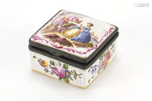 Antique French enamel patch box, hand painted with two lovers before a landscape and flowers,